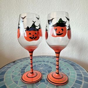 Set of 2 Pumpkin Wine Glasses Hand painted pumpkins